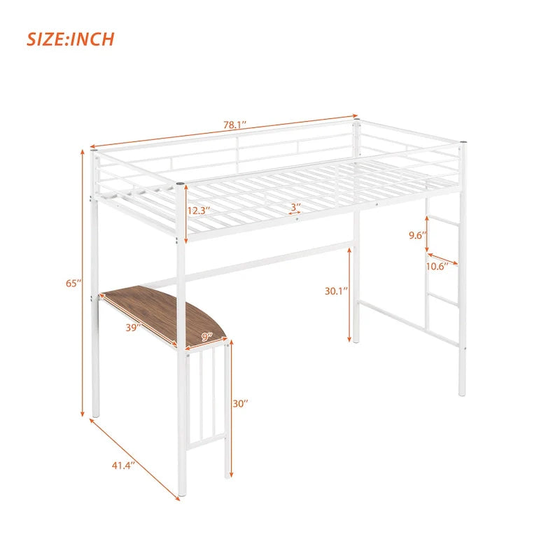 Lit mezzanine métallique avec bureau, échelle et garde-corps