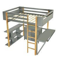 Lit mezzanine en bois Merax avec armoire de rangement intégrée et étagères, bureau pliable