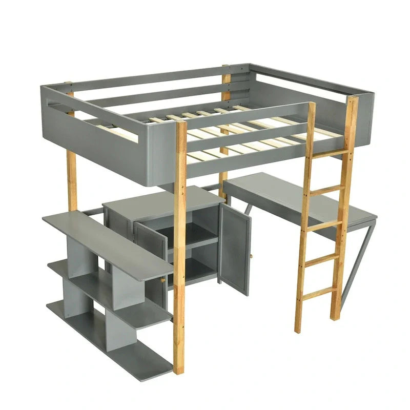 Lit mezzanine en bois Merax avec armoire de rangement intégrée et étagères, bureau pliable