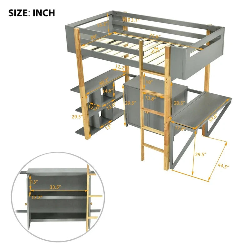 Lit mezzanine en bois Merax avec armoire de rangement intégrée et étagères, bureau pliable