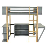 Lit mezzanine en bois Merax avec armoire de rangement intégrée et étagères, bureau pliable