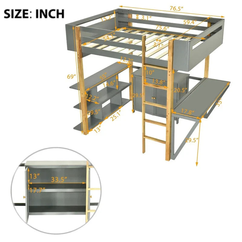 Lit mezzanine en bois Merax avec armoire de rangement intégrée et étagères, bureau pliable