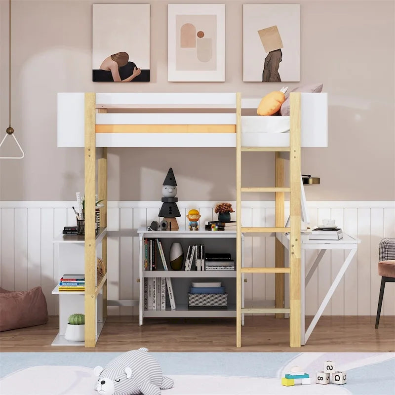 Lit mezzanine en bois Merax avec armoire de rangement intégrée et étagères, bureau pliable