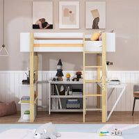 Lit mezzanine en bois Merax avec armoire de rangement intégrée et étagères, bureau pliable