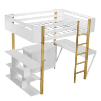 Lit mezzanine en bois Merax avec armoire de rangement intégrée et étagères, bureau pliable