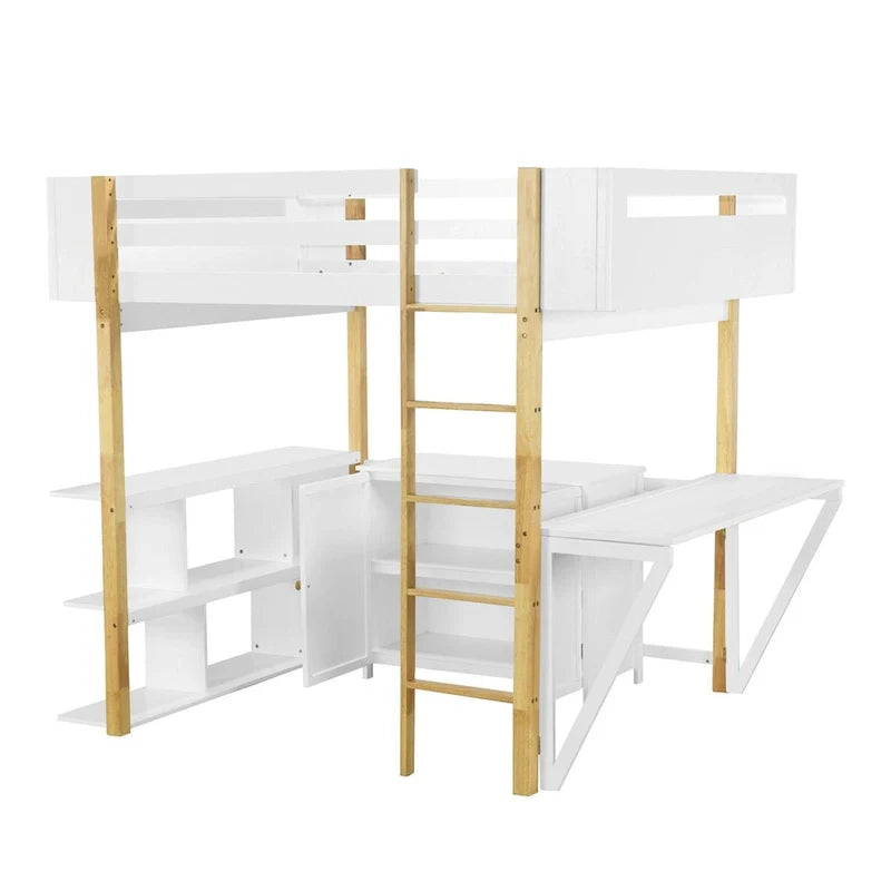 Lit mezzanine en bois Merax avec armoire de rangement intégrée et étagères, bureau pliable