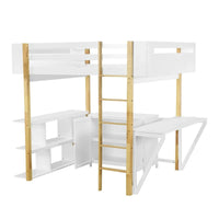 Lit mezzanine en bois Merax avec armoire de rangement intégrée et étagères, bureau pliable