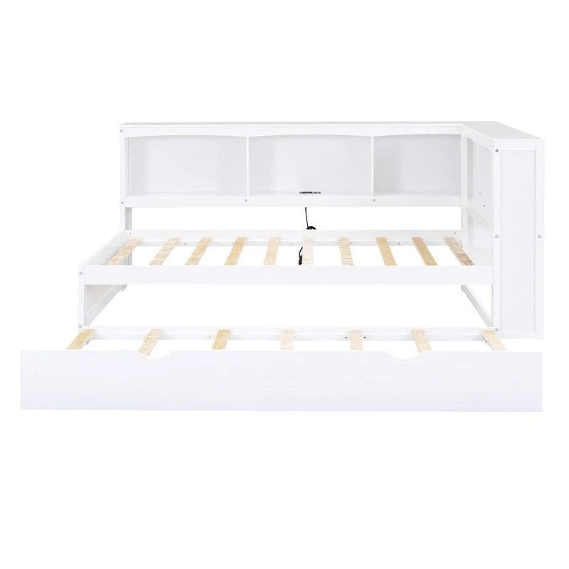 Lit de repos double avec lit gigogne, armoires de rangement et ports USB
