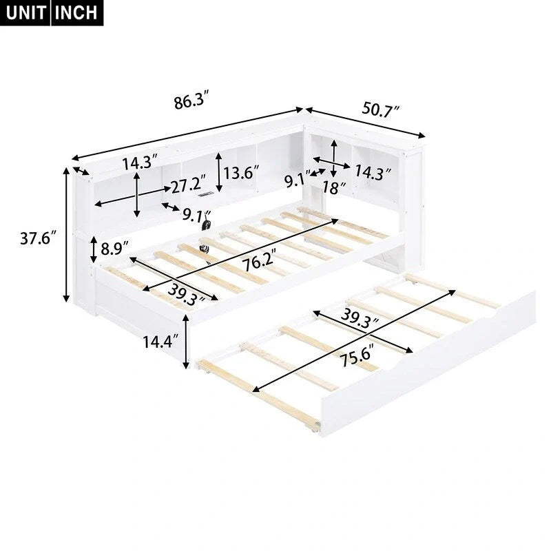 Lit de repos double avec lit gigogne, armoires de rangement et ports USB