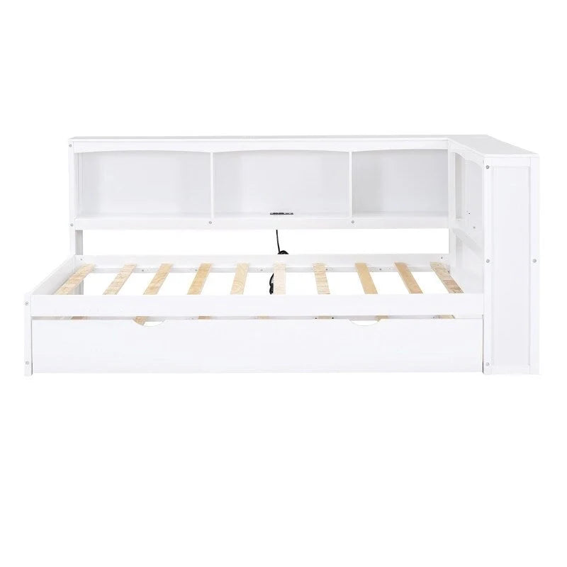 Lit de repos double avec lit gigogne, armoires de rangement et ports USB