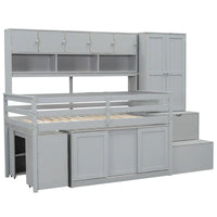 Lit mezzanine double en bois avec rangement, bureau sous le lit, tiroirs, étagères