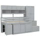 Lit mezzanine double en bois avec rangement, bureau sous le lit, tiroirs, étagères
