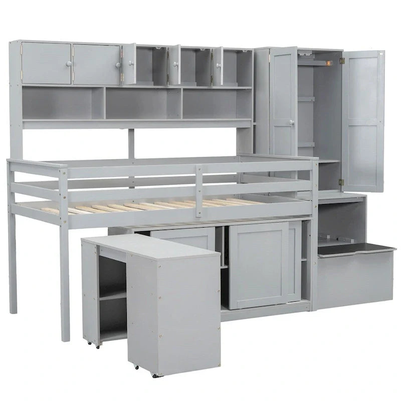Lit mezzanine double en bois avec rangement, bureau sous le lit, tiroirs, étagères