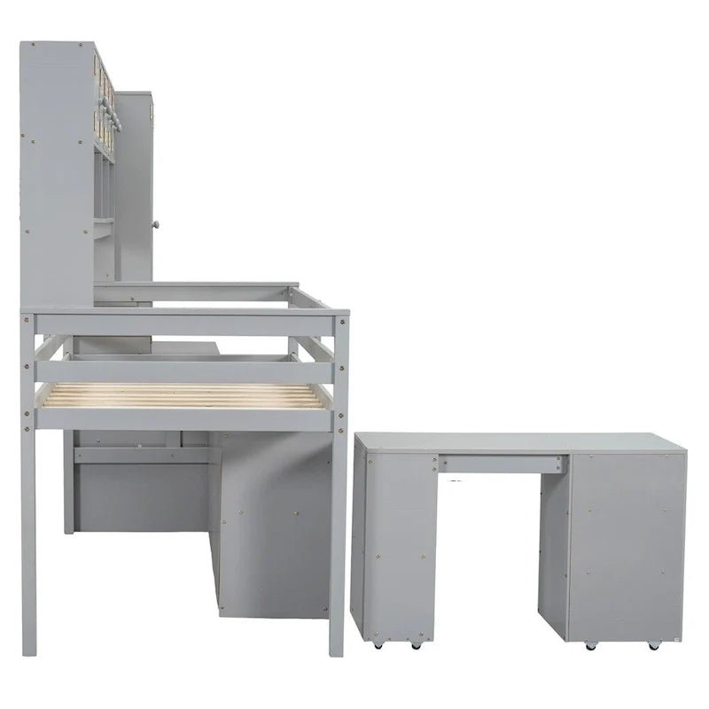 Lit mezzanine double en bois avec rangement, bureau sous le lit, tiroirs, étagères