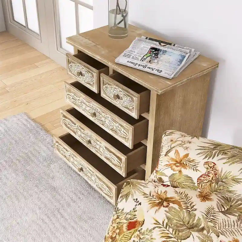 Meuble d'appoint sculpté à la main avec 5 tiroirs