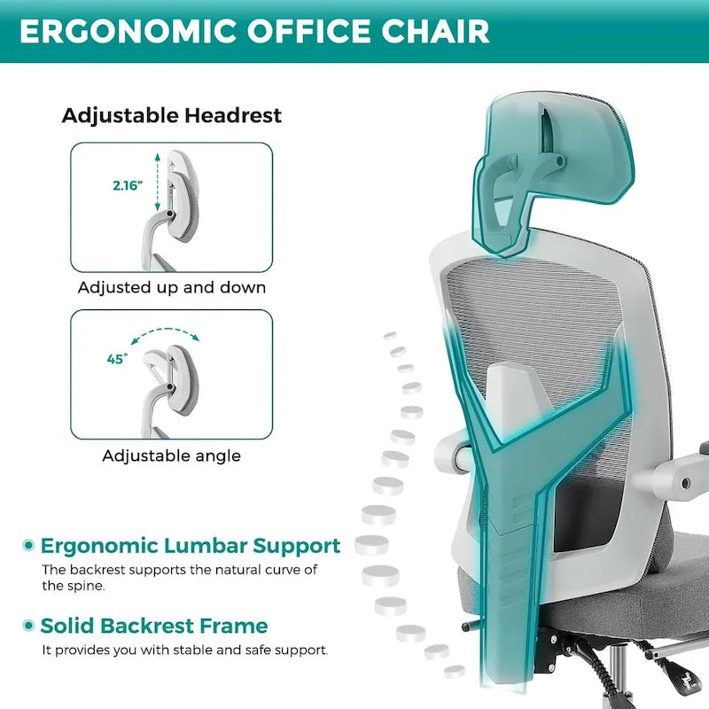 Chaise de bureau à domicile avec repose-pieds, chaises inclinables à dossier haut en maille avec appuie-tête pour la maison, le bureau, le gaming, les étudiants