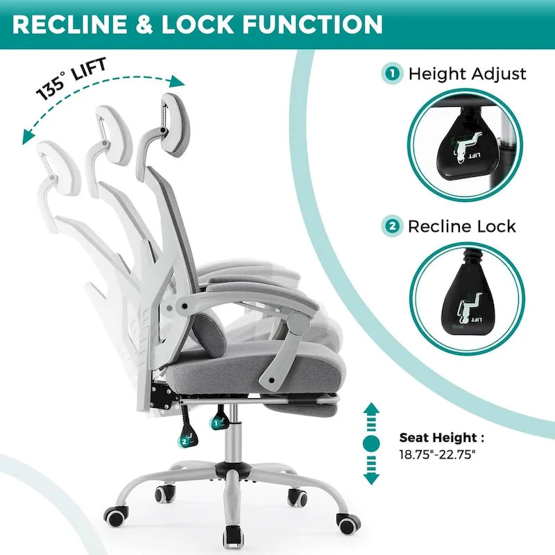 Chaise de bureau à domicile avec repose-pieds, chaises inclinables à dossier haut en maille avec appuie-tête pour la maison, le bureau, le gaming, les étudiants