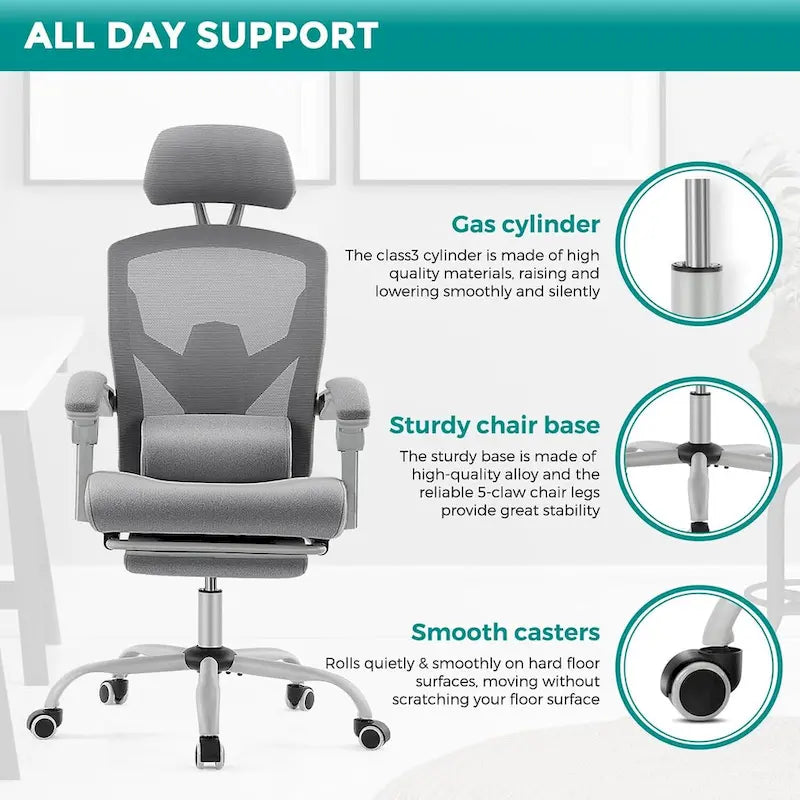 Chaise de bureau à domicile avec repose-pieds, chaises inclinables à dossier haut en maille avec appuie-tête pour la maison, le bureau, le gaming, les étudiants