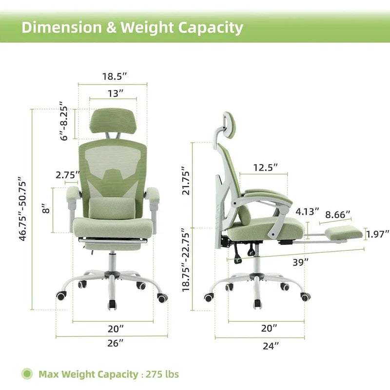 Chaise de bureau à domicile avec repose-pieds, chaises inclinables à dossier haut en maille avec appuie-tête pour la maison, le bureau, le gaming, les étudiants