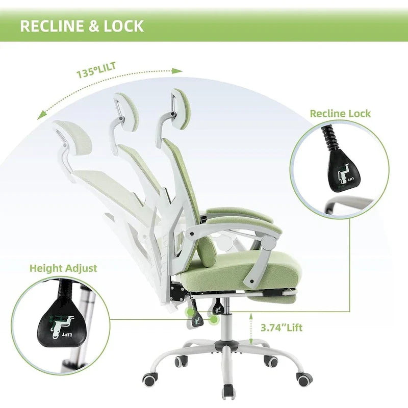 Chaise de bureau à domicile avec repose-pieds, chaises inclinables à dossier haut en maille avec appuie-tête pour la maison, le bureau, le gaming, les étudiants