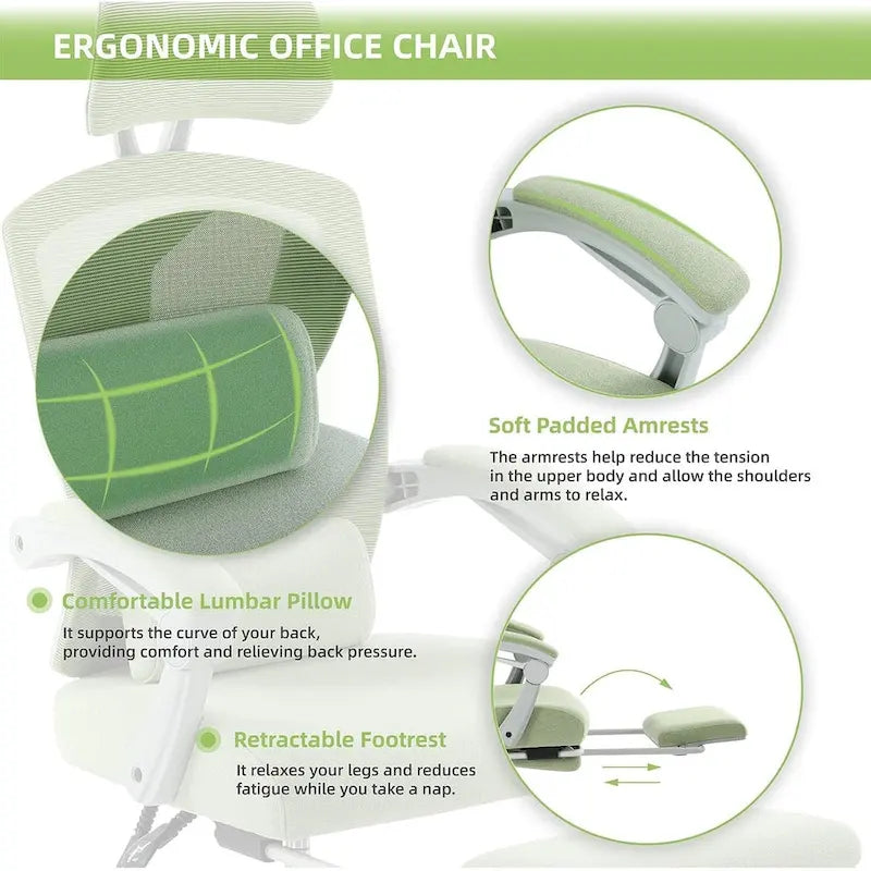 Chaise de bureau à domicile avec repose-pieds, chaises inclinables à dossier haut en maille avec appuie-tête pour la maison, le bureau, le gaming, les étudiants