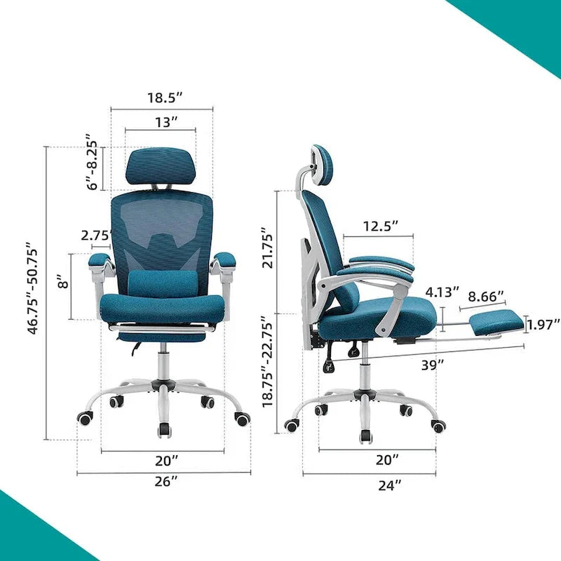 Chaise de bureau à domicile avec repose-pieds, chaises inclinables à dossier haut en maille avec appuie-tête pour la maison, le bureau, le gaming, les étudiants