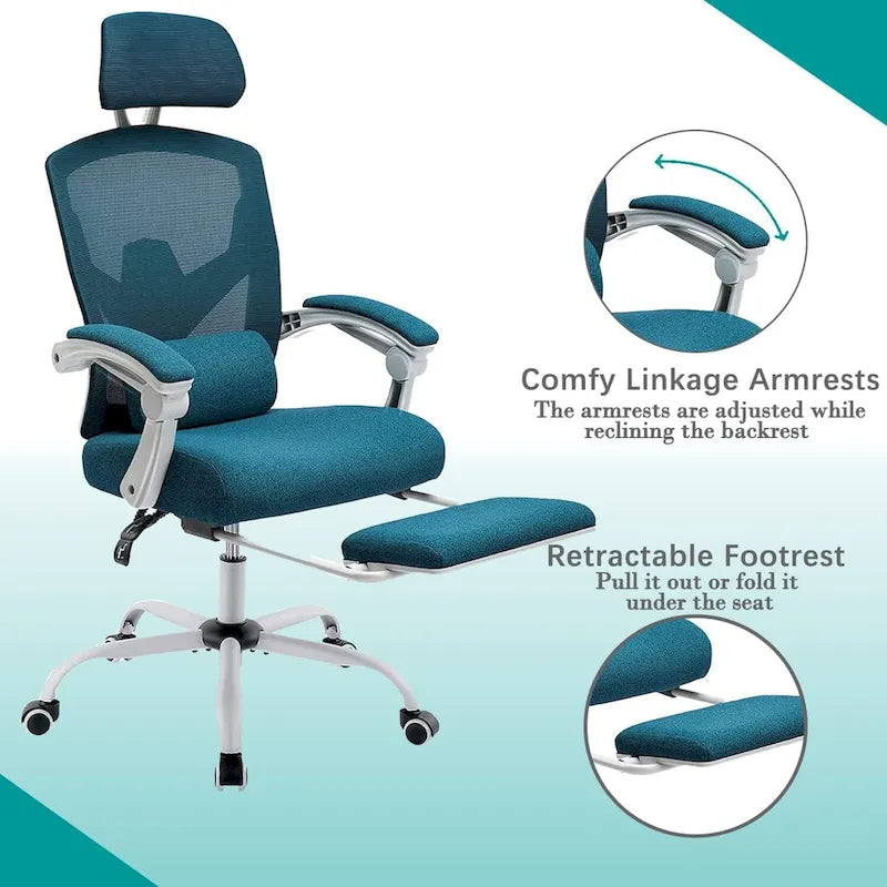 Chaise de bureau à domicile avec repose-pieds, chaises inclinables à dossier haut en maille avec appuie-tête pour la maison, le bureau, le gaming, les étudiants