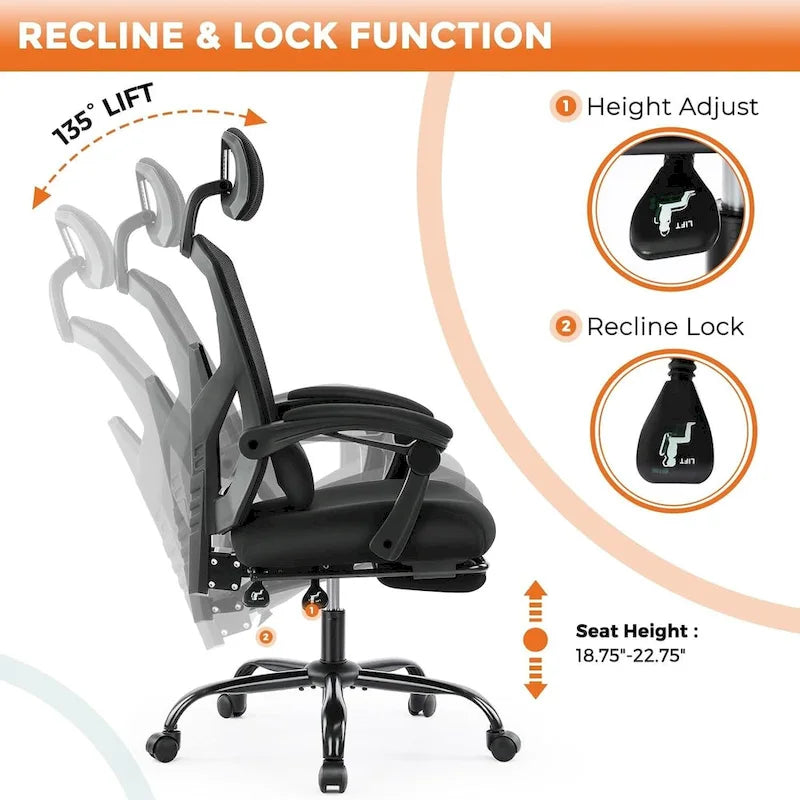 Chaise de bureau à domicile avec repose-pieds, chaises inclinables à dossier haut en maille avec appuie-tête pour la maison, le bureau, le gaming, les étudiants
