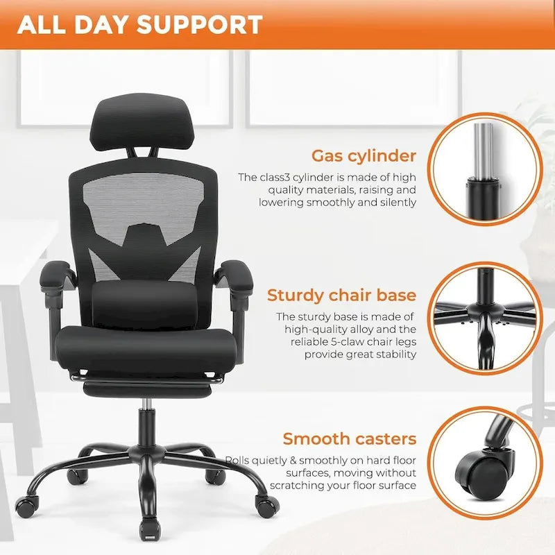 Chaise de bureau à domicile avec repose-pieds, chaises inclinables à dossier haut en maille avec appuie-tête pour la maison, le bureau, le gaming, les étudiants