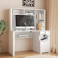 Bureau informatique avec étagère, bureau en bois pour ados, bureau d'ordinateur portable pour le bureau à domicile avec tiroirs, 3 prises secteur et 2 ports de charge USB