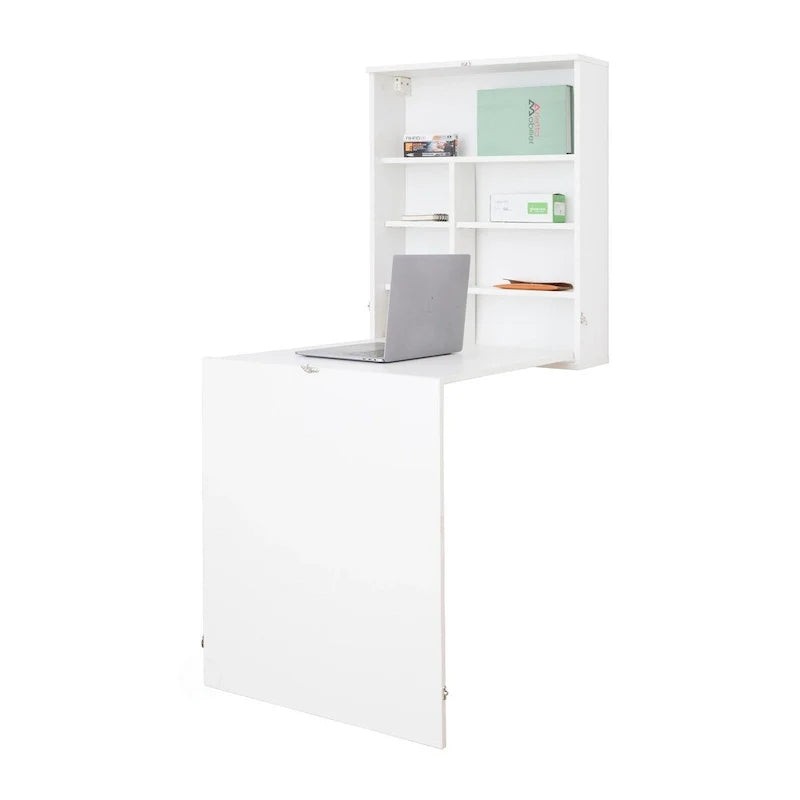Bureau mural rabattable pour ordinateur portable avec étagères