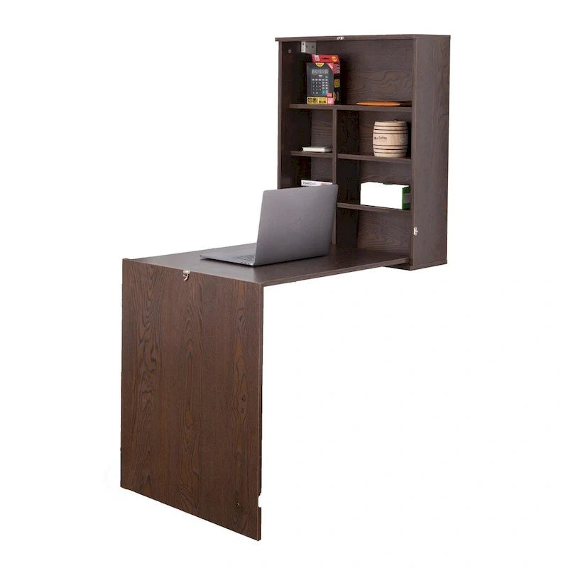 Bureau mural rabattable pour ordinateur portable avec étagères