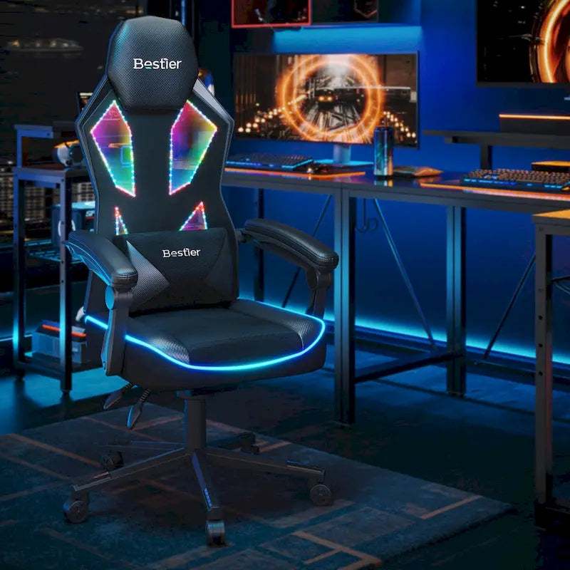 Chaise de gaming ergonomique avec lumières LED RGB, chaise d'ordinateur en tissu ventilé avec coussin à ressorts ensachés et accoudoirs articulés