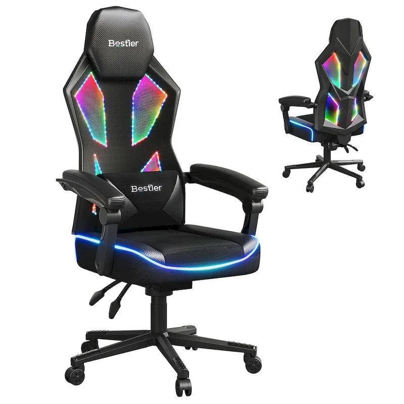 Chaise de gaming ergonomique avec lumières LED RGB, chaise d'ordinateur en tissu ventilé avec coussin à ressorts ensachés et accoudoirs articulés