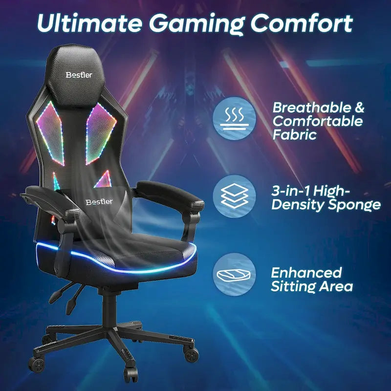 Chaise de gaming ergonomique avec lumières LED RGB, chaise d'ordinateur en tissu ventilé avec coussin à ressorts ensachés et accoudoirs articulés