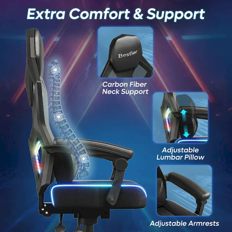 Chaise de gaming ergonomique avec lumières LED RGB, chaise d'ordinateur en tissu ventilé avec coussin à ressorts ensachés et accoudoirs articulés