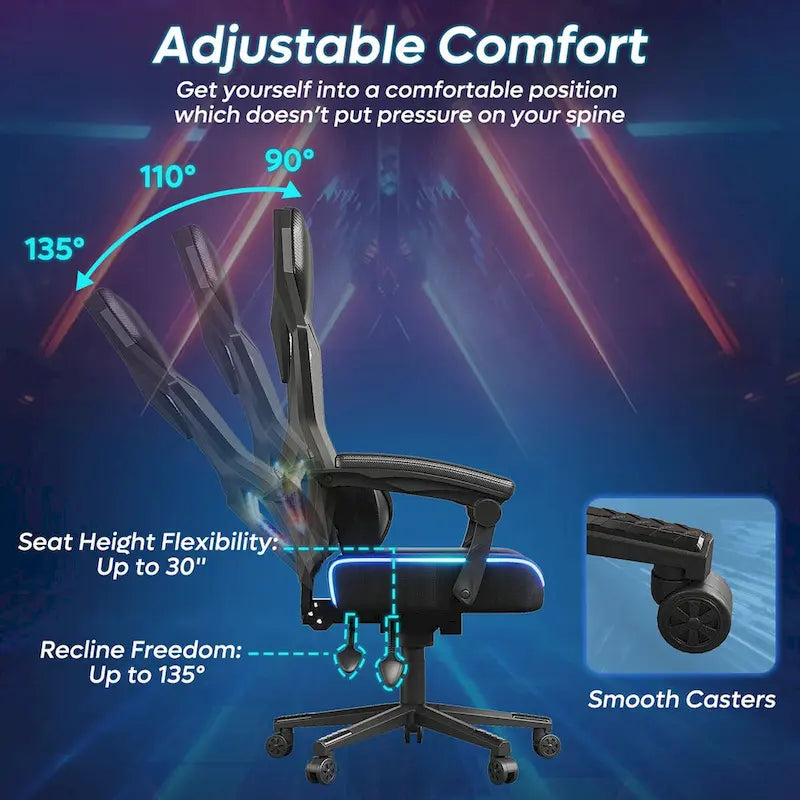 Chaise de gaming ergonomique avec lumières LED RGB, chaise d'ordinateur en tissu ventilé avec coussin à ressorts ensachés et accoudoirs articulés