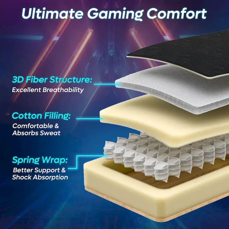 Chaise de gaming ergonomique avec lumières LED RGB, chaise d'ordinateur en tissu ventilé avec coussin à ressorts ensachés et accoudoirs articulés