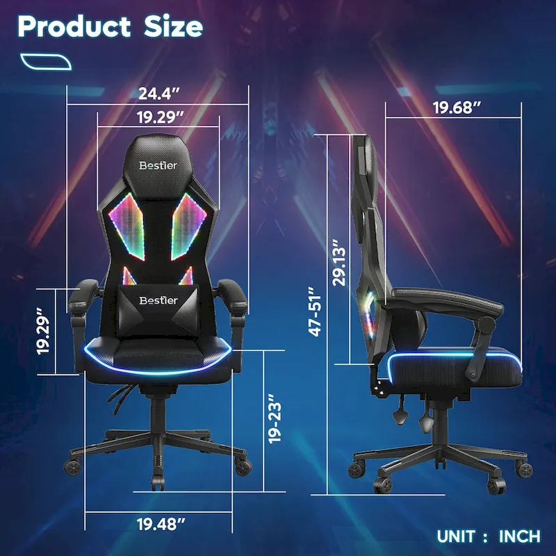 Chaise de gaming ergonomique avec lumières LED RGB, chaise d'ordinateur en tissu ventilé avec coussin à ressorts ensachés et accoudoirs articulés
