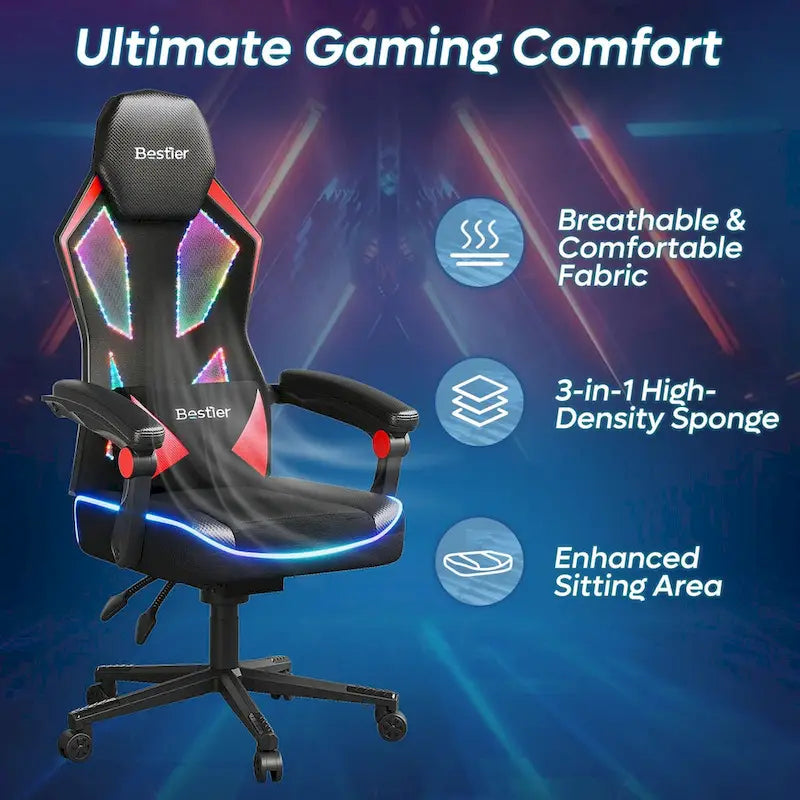 Chaise de gaming ergonomique avec lumières LED RGB, chaise d'ordinateur en tissu ventilé avec coussin à ressorts ensachés et accoudoirs articulés