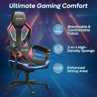 Chaise de gaming ergonomique avec lumières LED RGB, chaise d'ordinateur en tissu ventilé avec coussin à ressorts ensachés et accoudoirs articulés