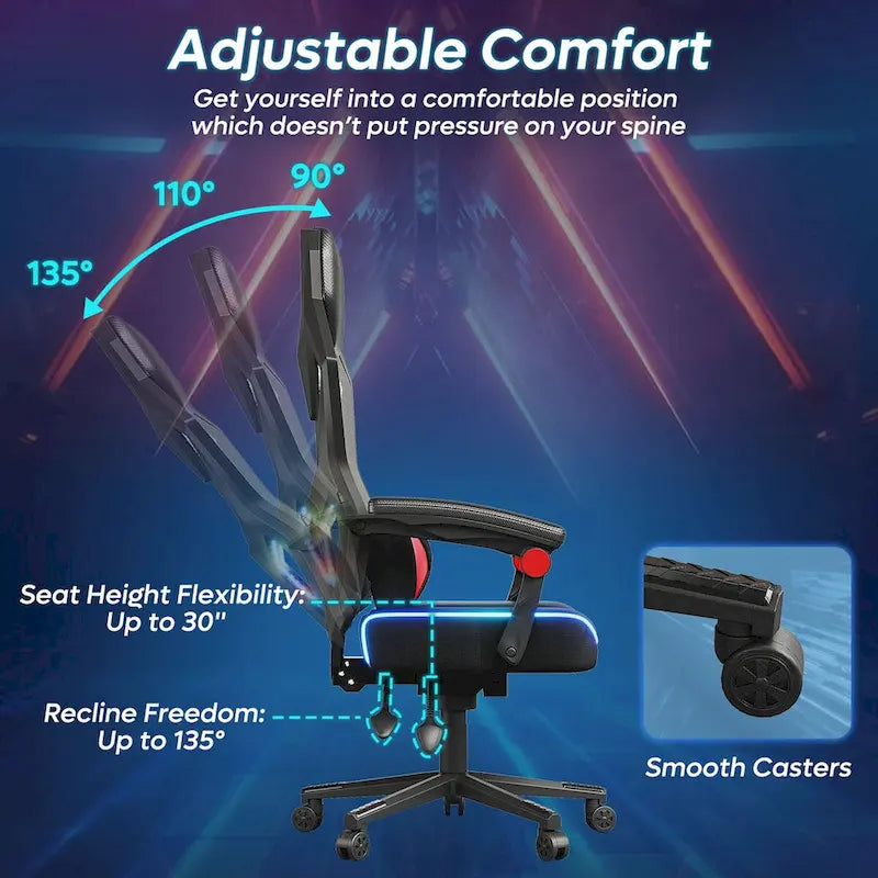 Chaise de gaming ergonomique avec lumières LED RGB, chaise d'ordinateur en tissu ventilé avec coussin à ressorts ensachés et accoudoirs articulés