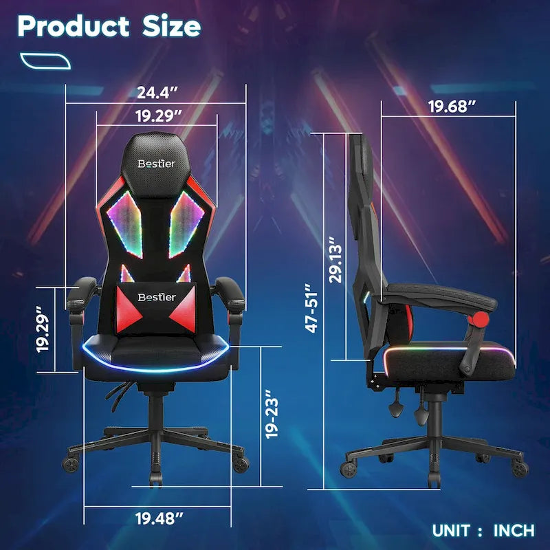 Chaise de gaming ergonomique avec lumières LED RGB, chaise d'ordinateur en tissu ventilé avec coussin à ressorts ensachés et accoudoirs articulés