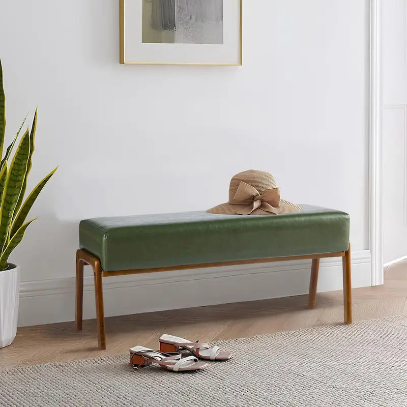 Banc moderne en similicuir Glitzhome de 42,25 po de largeur avec pieds en bois d'hévéa couleur noyer