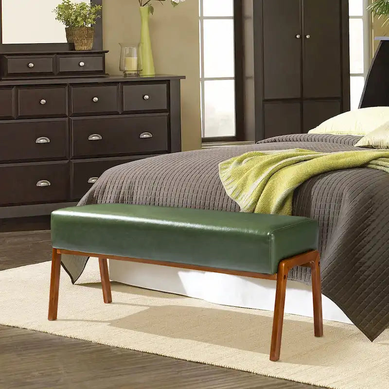 Banc moderne en similicuir Glitzhome de 42,25 po de largeur avec pieds en bois d'hévéa couleur noyer