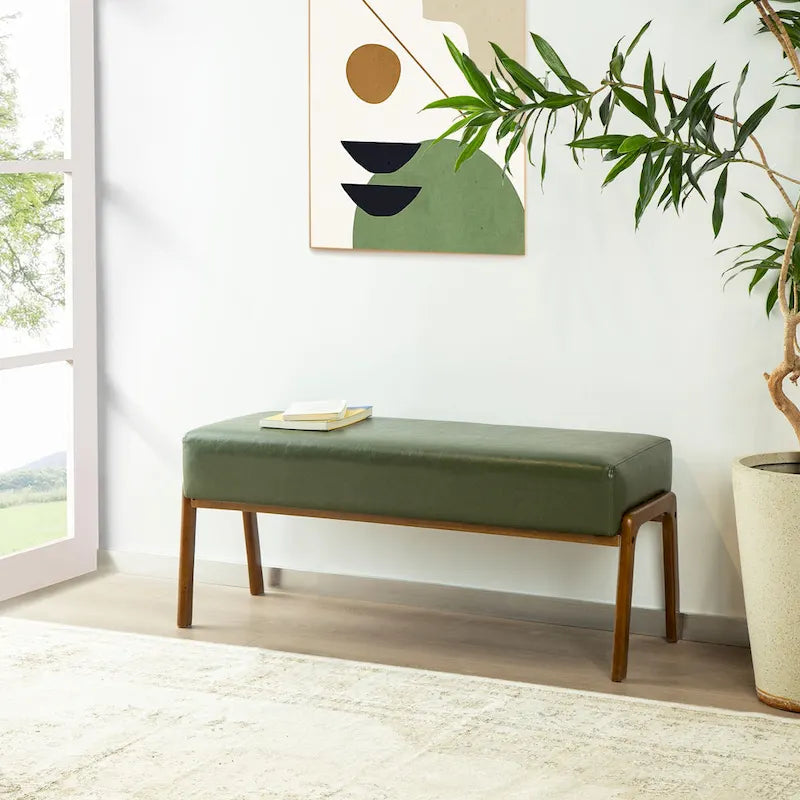 Banc moderne en similicuir Glitzhome de 42,25 po de largeur avec pieds en bois d'hévéa couleur noyer