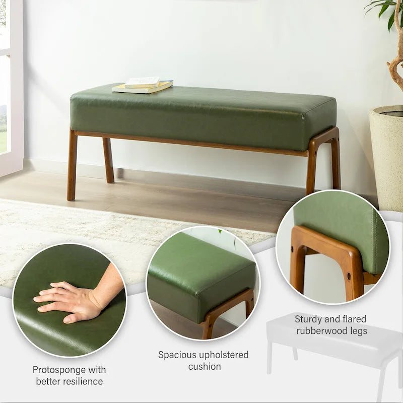 Banc moderne en similicuir Glitzhome de 42,25 po de largeur avec pieds en bois d'hévéa couleur noyer