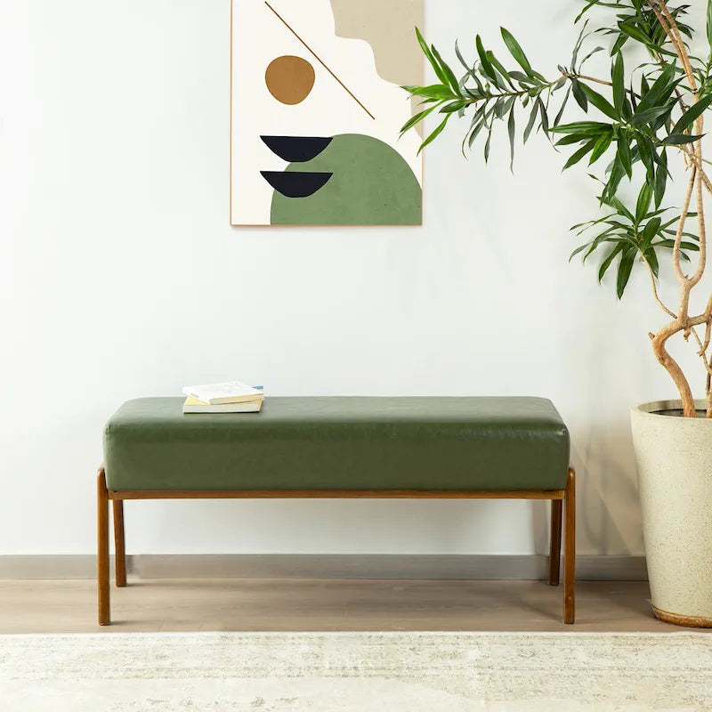 Banc moderne en similicuir Glitzhome de 42,25 po de largeur avec pieds en bois d'hévéa couleur noyer