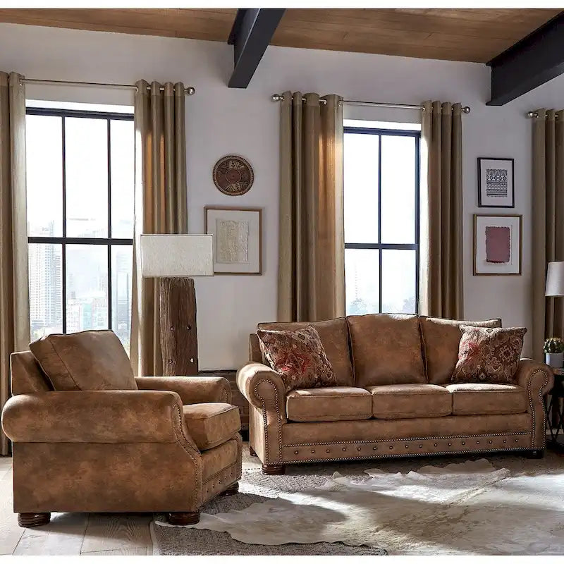 Ensemble canapé et fauteuil en tissu suédine marron rustique Rancho