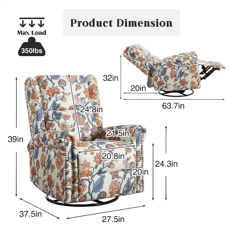 Lot de 2 Fauteuils Inclinables Manuels Pivotants à Bascule à Motif Floral HOMYKA